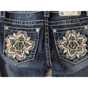 Miss‎ Me Womens Jeans Capris 24 Rhinestone Embroidered Stretch Blue Flower
